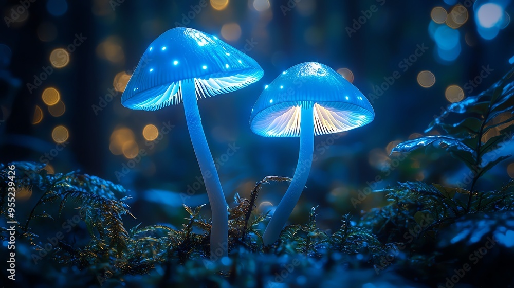 Poster two glowing mushrooms illuminated in a magical forest, creating an enchanting and serene atmosphere 