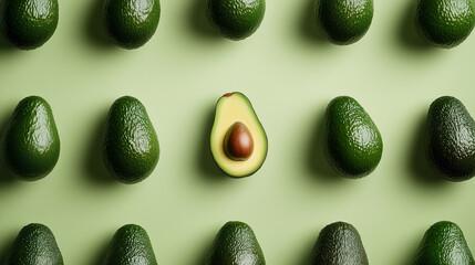 Avocados on pastel green background pattern