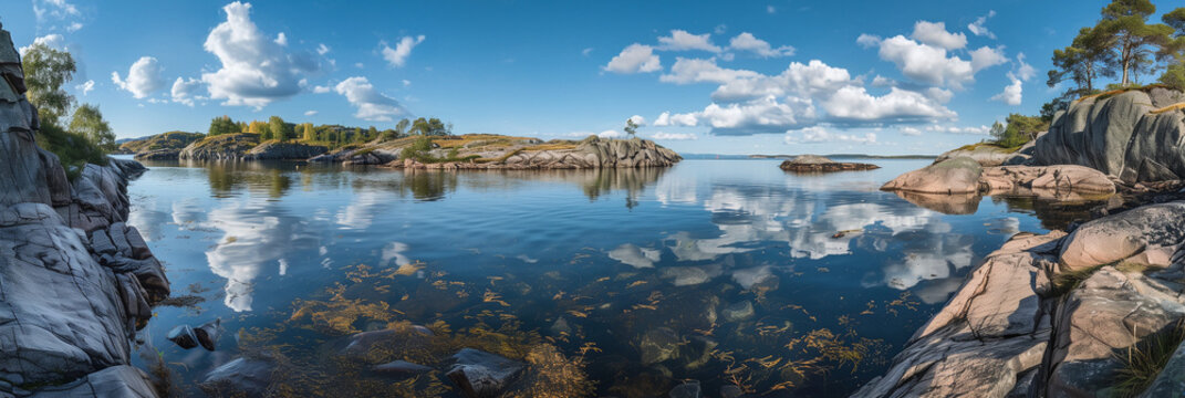Serene Rocky Shoreline of V&aring;rd&ouml; Island, Finland with Calm Reflections and Clear Skies