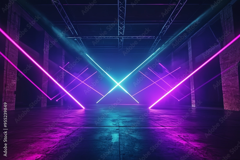 Poster vibrant light beams cross in a dark space, creating a striking visual effect of colored illumination