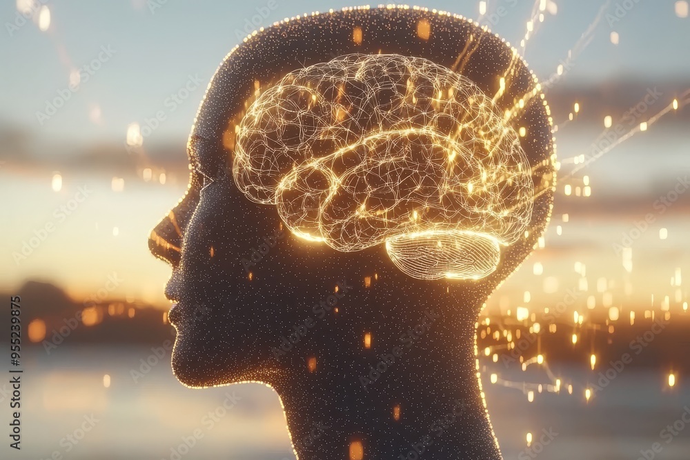 Poster neurocognitive bonding subconscious profile of a person with a glowing brain symbolizing the connect