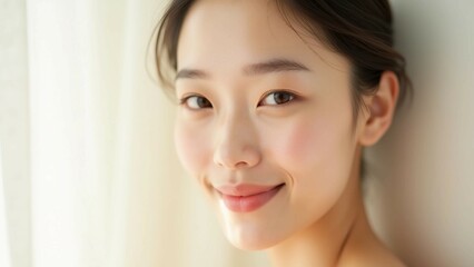 portrait, young woman, smiling, natural beauty, close-up, gentle expression, happiness, serene, soft lighting, skin care, fresh, minimal makeup, beauty, lifestyle, femininity, calm, elegance, simplici
