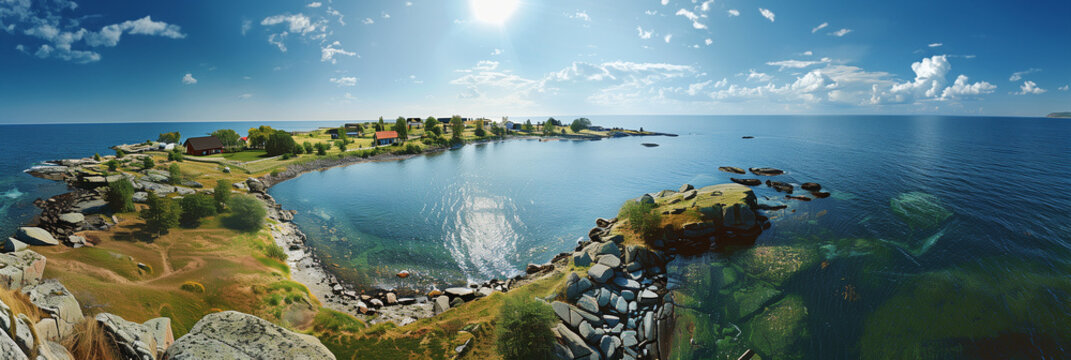 Aerial View of Coastal Village on Fasta &Aring;land Island, Finland, with Clear Blue Waters