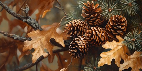 Close-up of pine branches with pine cones and oak leaves. 