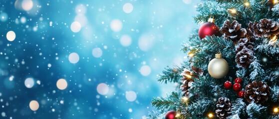 Christmas Tree With Ornament And Bokeh Lights In blue Background