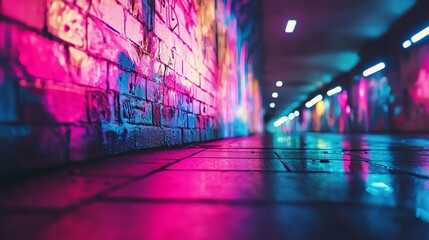 Fototapeta premium Vibrant urban scene showcasing colorful graffiti on a brick wall, illuminated by glowing lights creating a captivating atmosphere.