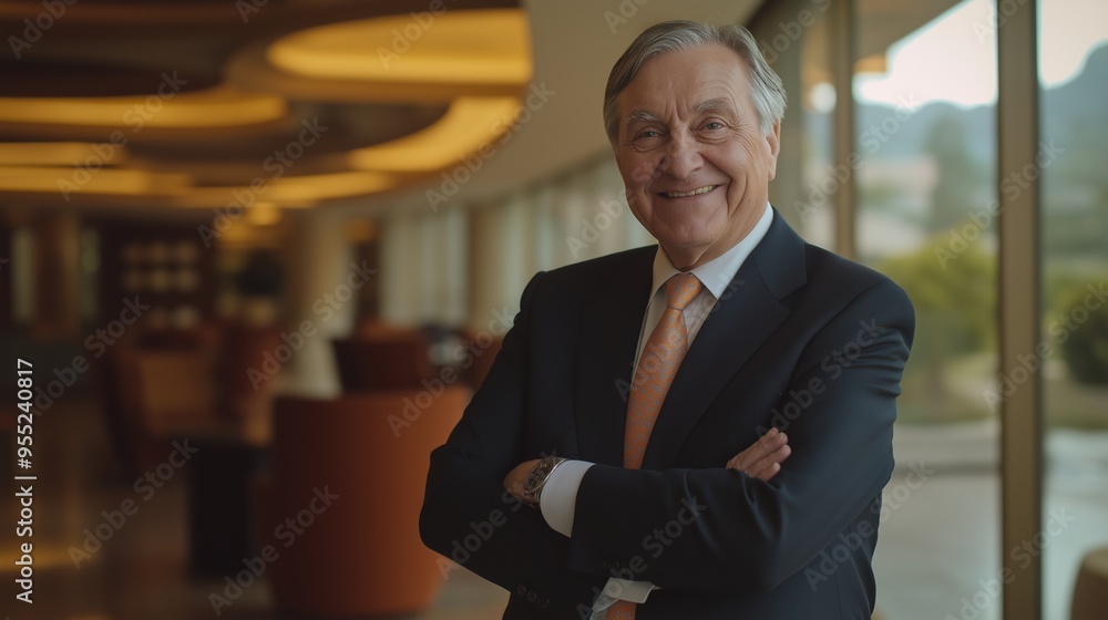 Aufkleber a man in a suit and tie is smiling and standing in front of a window. concept of confidence and prof