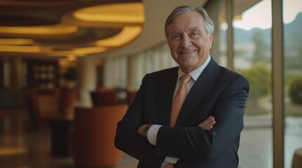Fototapeta premium A man in a suit and tie is smiling and standing in front of a window. Concept of confidence and professionalism