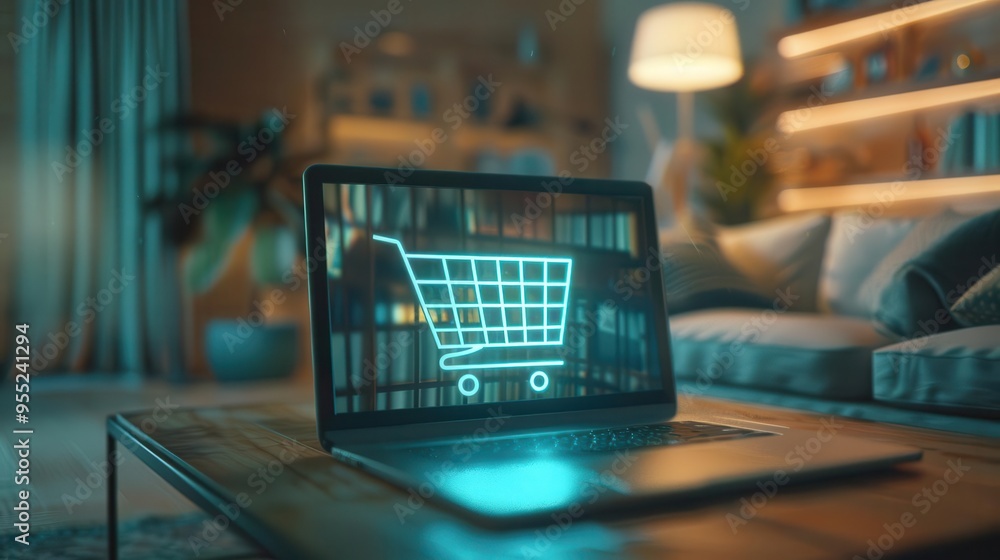 Poster stylized 3d rendering of a shopping cart icon merged with a laptop soft focus background of a cozy l