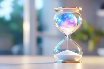 3D render of an hourglass with a holographic galaxy inside, set against a background