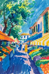 A painting of a bustling farmers market with colorful tents and fresh produce