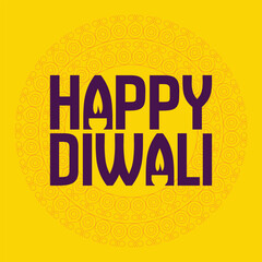 Happy Diwali logo with creative typography on yellow background. Indian traditional light festival celebration poster, banner, template design. Lamp and mandala vector illustration.