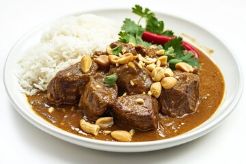 Fototapeta premium Delicious Massaman Curry with Beef, Peanuts, and Herbs on Plate, Isolated on White Background
