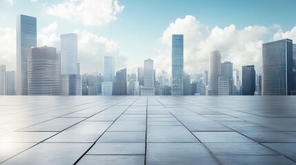 Empty square floor with modern city buildings scenery.