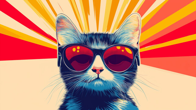 Pop art concept smile kitty cat wear sunglasses. Colorful background in pop art retro comic style.