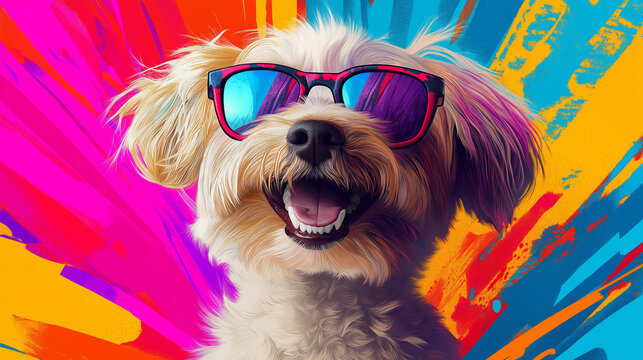 Pop art concept smile dog wear sunglasses. Colorful background in pop art retro comic style.