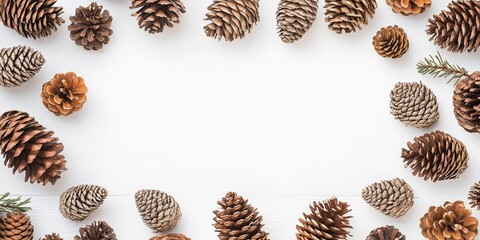 Round frame constructed from coniferous twigs and pine cones on a white wooden backdrop, with a copy space image.