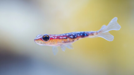 Close up and detailed single colourful tadpole swimming downwards , clean background for copy space or text overlay 