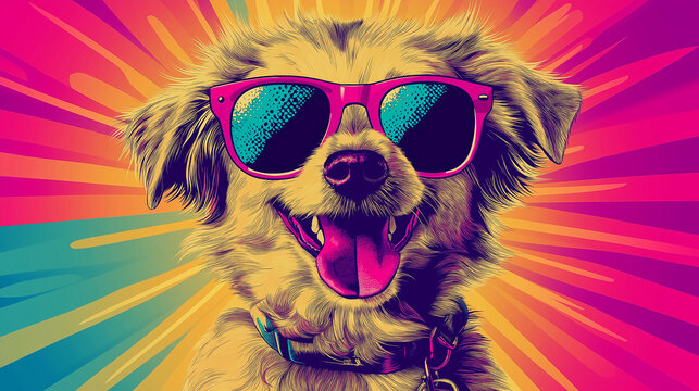 Pop art concept smile dog wear sunglasses. Colorful background in pop art retro comic style.