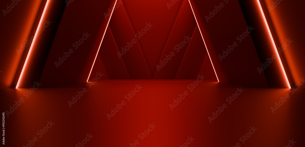 Poster red stage with neon lights on a red background. 3d rendering