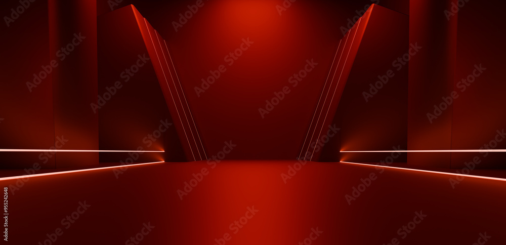 Poster red stage with neon lights on a red background. 3d rendering
