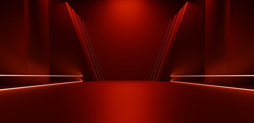 Red stage with neon lights on a red background. 3d rendering