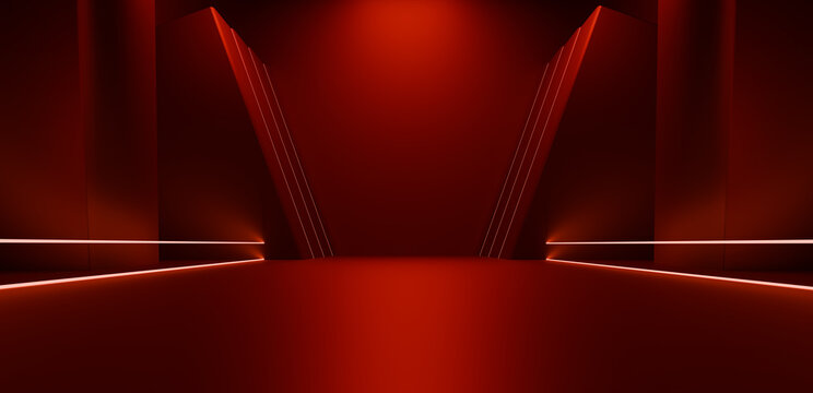Red stage with neon lights on a red background. 3d rendering