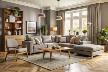 Fototapeta premium Elegant simplicity guides the design of this modern living room, where gray tones harmonize with beige accents and