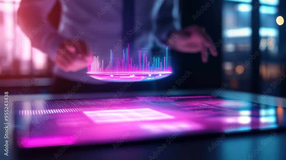 Poster a businessman interacts with a holographic display, showcasing advanced technology and data visualiz
