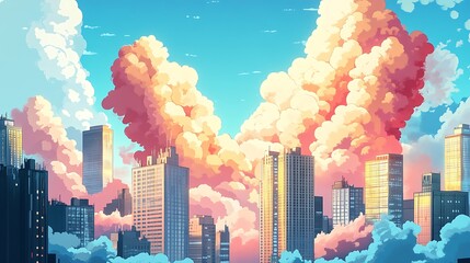 A cityscape with skyscrapers reaching for the sky, covered in fluffy clouds with a warm, pink hue.