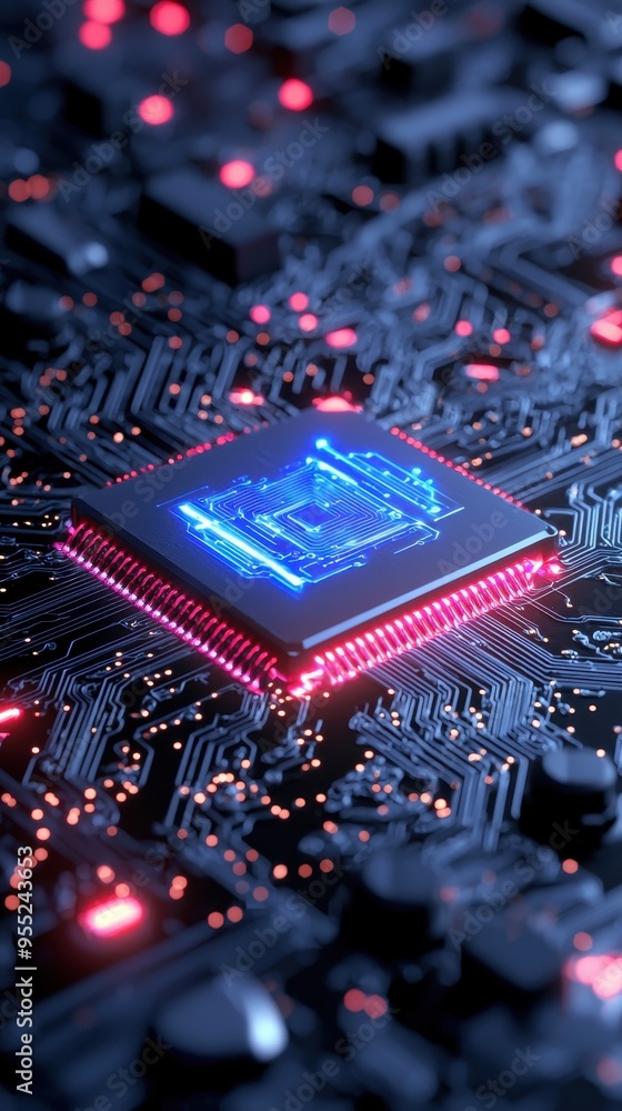 Aufkleber close-up of a computer chip glowing with blue and red lights, showcasing intricate circuitry and tec