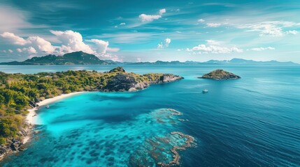 sunkissed coastal paradise with endless azure waters merging seamlessly into a vast sky promising tranquility and adventure