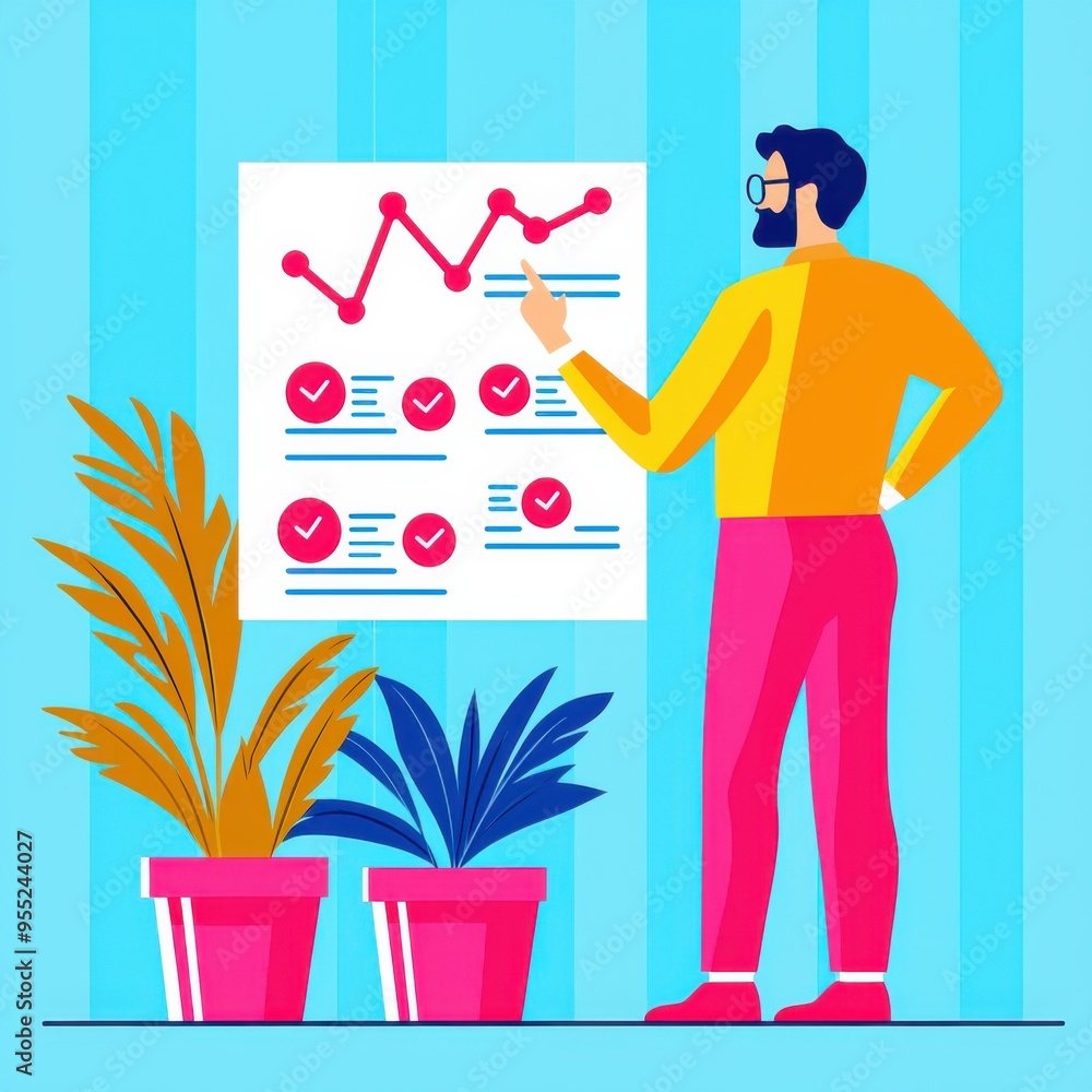 Poster a man analyzes a graph on a poster with plants in a colorful workspace, representing data and growth
