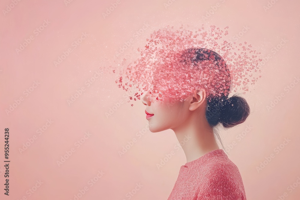Poster mind reading subconscious abstract profile of a woman with pink particles symbolizing the dissolutio