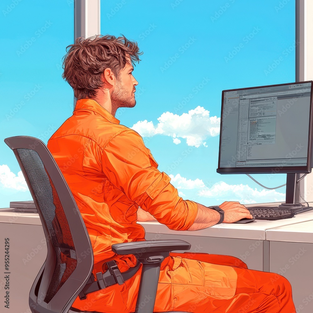 Poster a focused individual in an orange uniform working at a desk with a computer, surrounded by a bright,