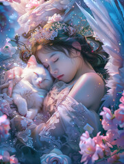 Fototapeta premium Serene angel with wings cradling a cute white cat in a floral embrace, under a starlit sky, rendered in pastel hues with soft lighting on the celestial face, 
