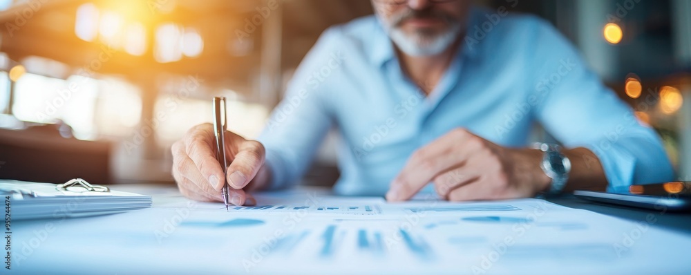 Poster a professional man analyzing data and making notes on a document in a modern workplace environment.