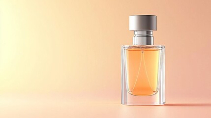 A single bottle of perfume on a peach background.