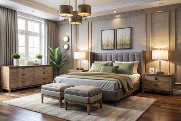 Fototapeta premium Elevate your bedroom with a stylish furniture set featuring a headboard, nightstands, and vanity, bathed in warm light
