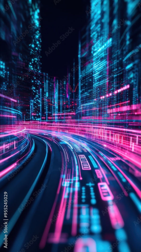 Poster abstract representation of technology with vibrant neon colors and dynamic motion, ideal for digital