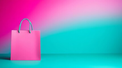 Pink paper shopping bag on a colorful background.