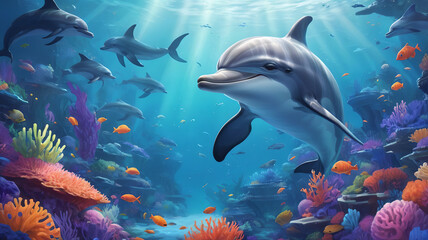 illustration of a dolphin on coral background