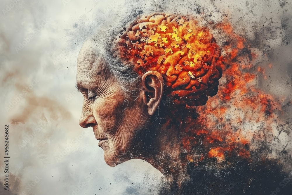 Poster cognitive resonance subconscious elderly mans face dissolving into fire and puzzle pieces symbolizin