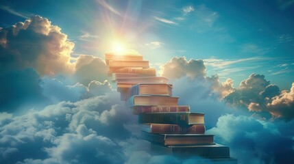 surreal floating staircase of books ascending into cloudy sky each step is a different tome leading to a radiant light source symbolizing knowledge and enlightenment