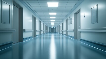 An empty Chinese hospital corridor, with no patients or staff, just the clean, sterile environment.