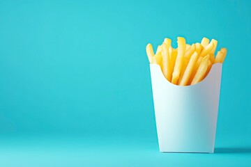 Delicious French fries, with plain white packaging, looks delicious, with a single color background. Realistic HD. Copy Space.