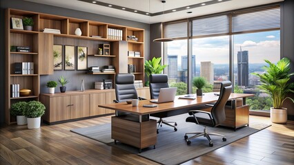 Ergonomic furniture, state-of-the-art computers, and customizable storage arrays create a productive executive office