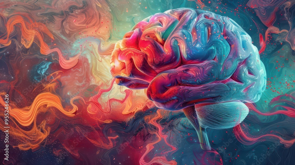 Aufkleber surreal illustration of neurodivergent brain colorful synapses abstract thought patterns vibrant hue