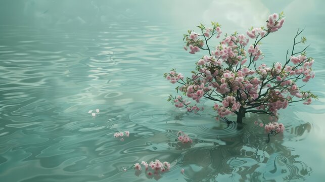 surreal image of cherry tree spring flowers drowning in flood waters powerful visual metaphor for climate change impact digital art