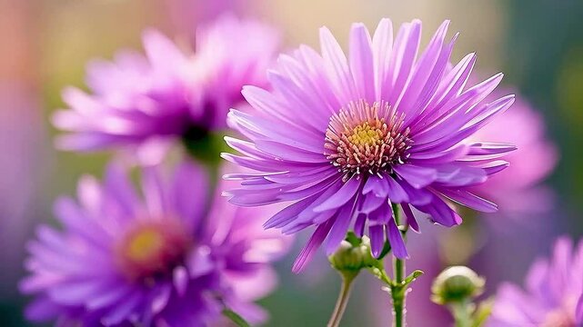 A purple aster  blooms in the sunlight.